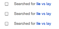 Screenshot: Searched for lie vs lay (three times)